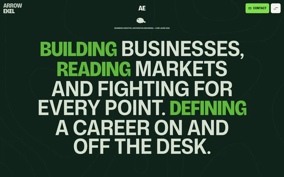 Situs Arrow Ekel: tulisan besar Building businesses, reading markets di latar hijau tua.